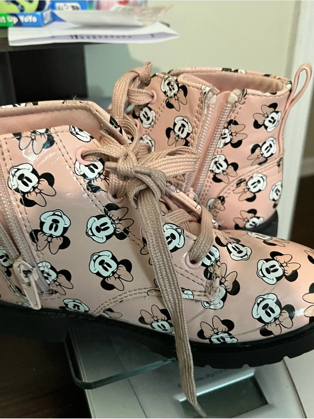 Girls' Pink Minnie Mouse Print Lace-Up Boots
